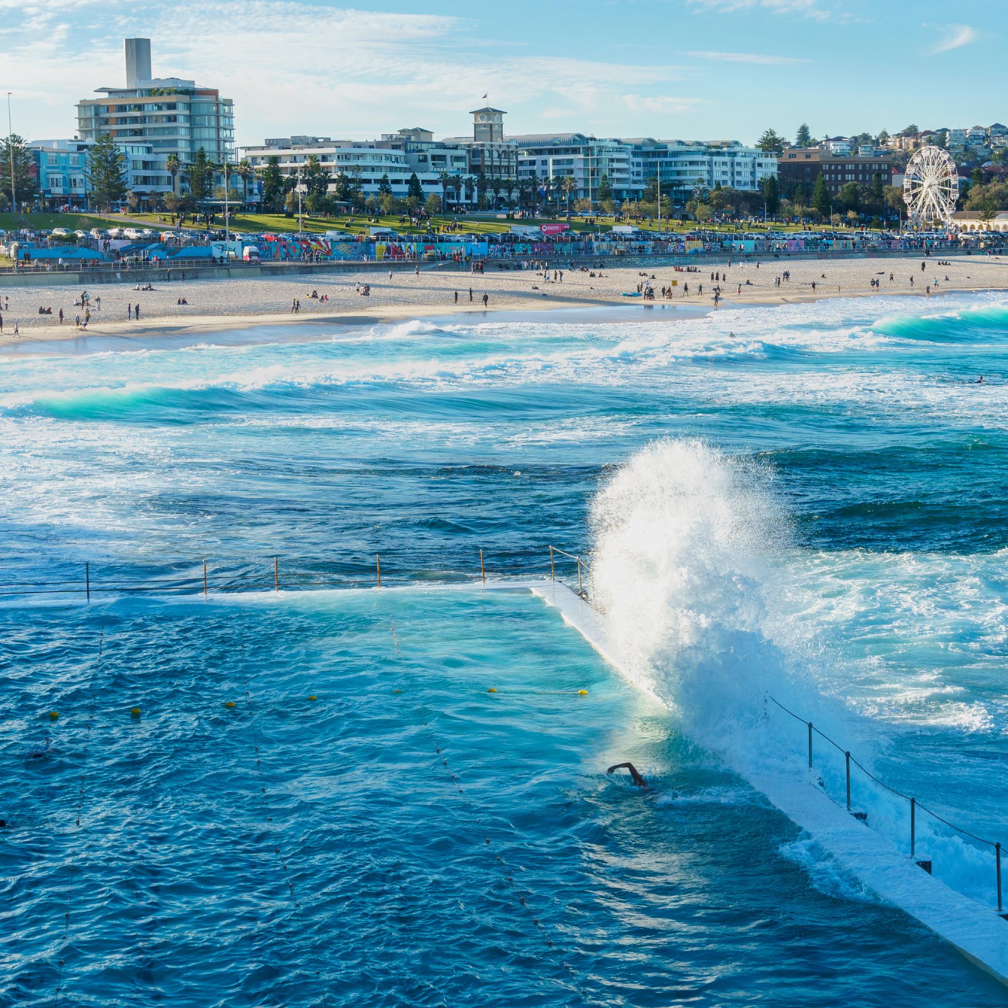 Bondi Beach from the lookout of the Bondi Icebergs club. They closed off the very end of the pool as high tide came in, presumably to keep unsuspecting swimmers from being washed away.