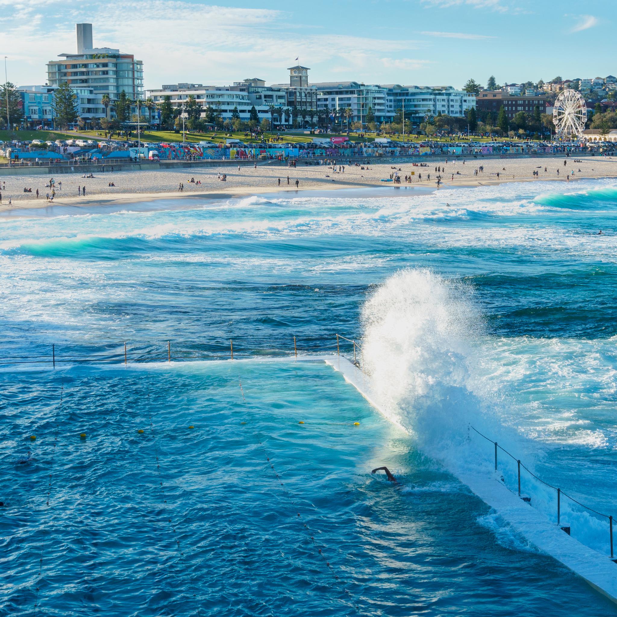 Bondi Beach from the lookout of the Bondi Icebergs club. They closed off the very end of the pool as high tide came in, presumably to keep unsuspecting swimmers from being washed away.