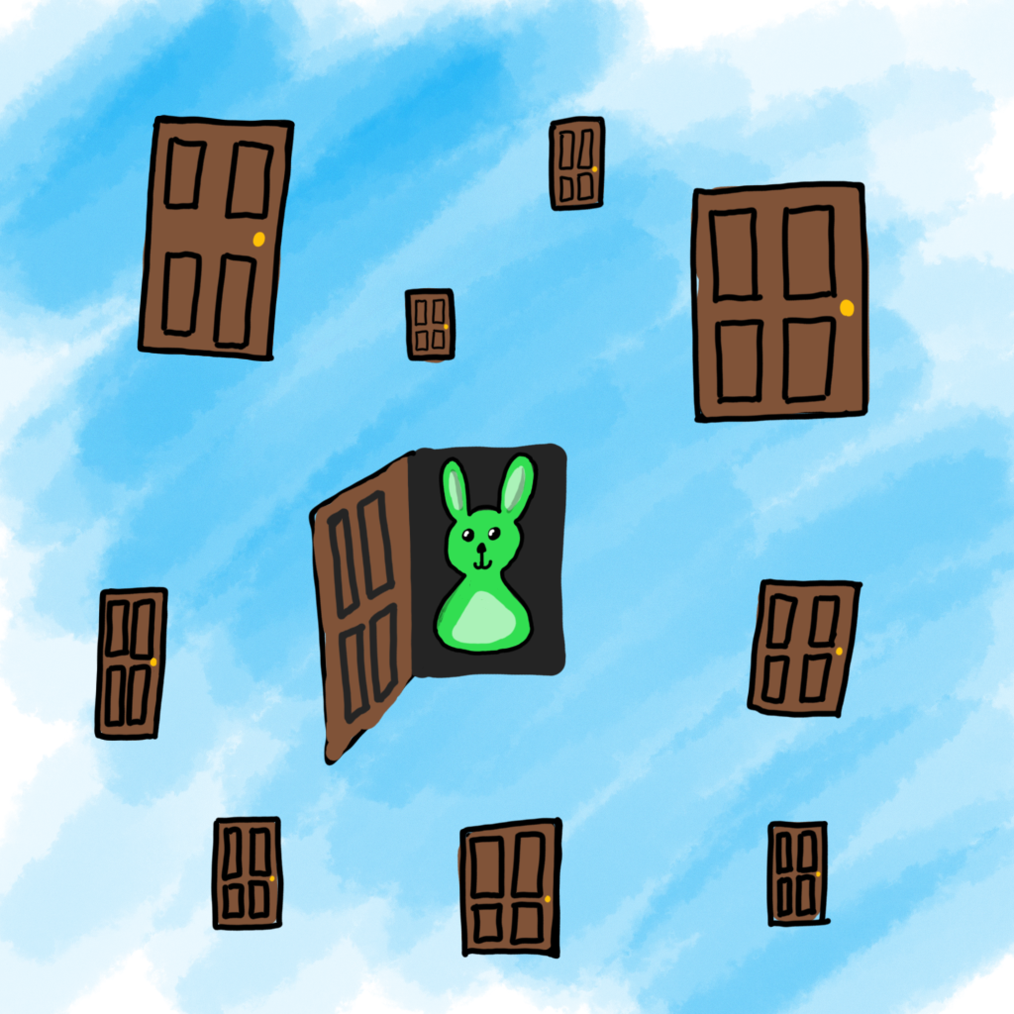 A very badly drawn green bunny behind a door..