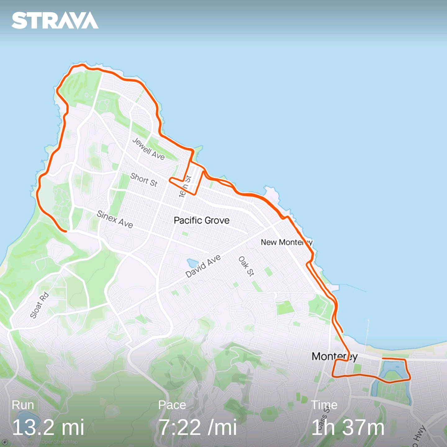 Strava run map from Monterey Half